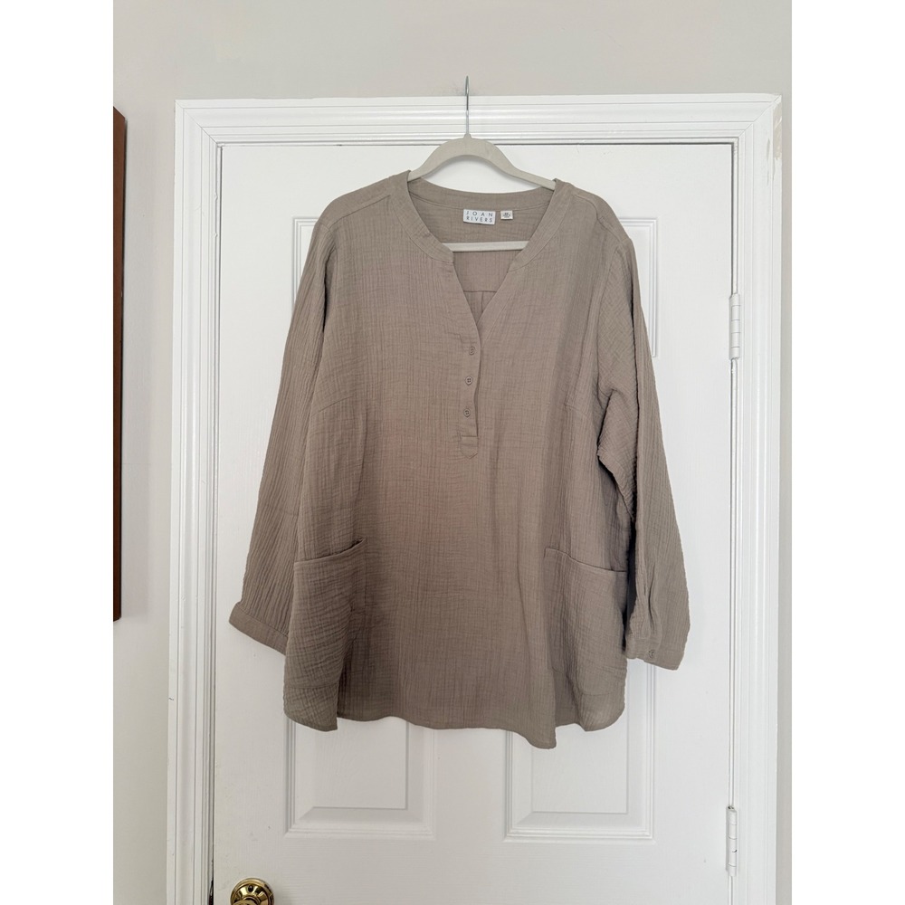Joan Rivers 100% Cotton Double Gauze Tunic Top 2X Taupe Henley Pockets